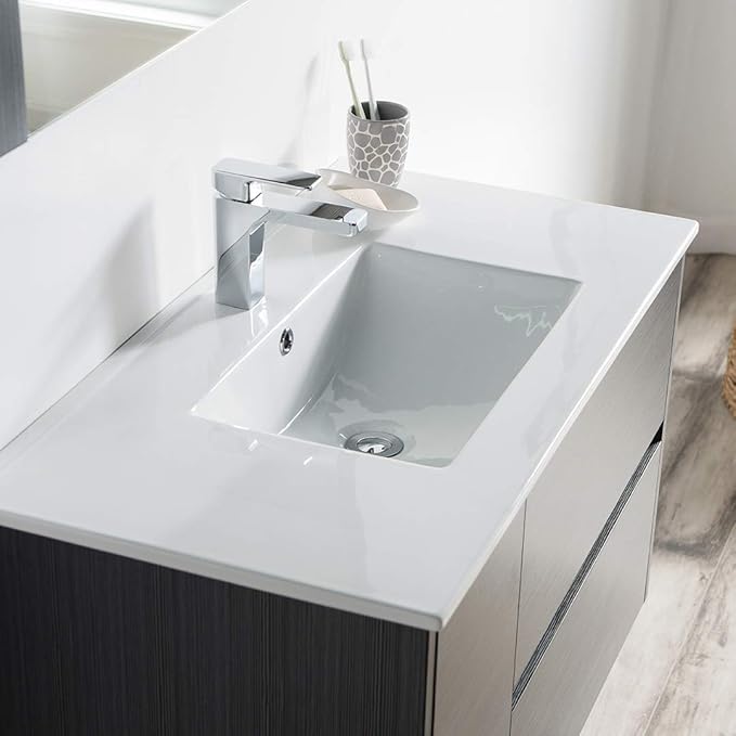 Blossom 30 Inch Bathroom Vanity with Sink - All Wood Floating Vanity Cabinet with Ceramic Sink - 2 Soft-Closing U-Shaped Cutout Drawers - Modern Bathroom Storage Vanities, Silver Grey Finish