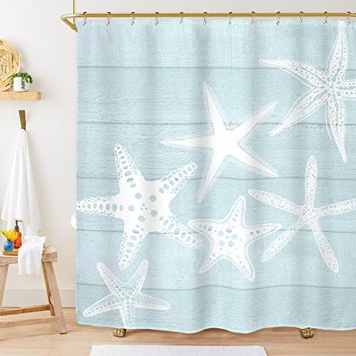 Miyotaa Beach Starfish Shower Curtain Set 60Wx71H Inches Seafoam Wooden Wood Rustic Country Ocean Sea Vintage Farmhouse Pastel Polyester Waterproof Cloth Bathroom Curtain with 12 Hooks
