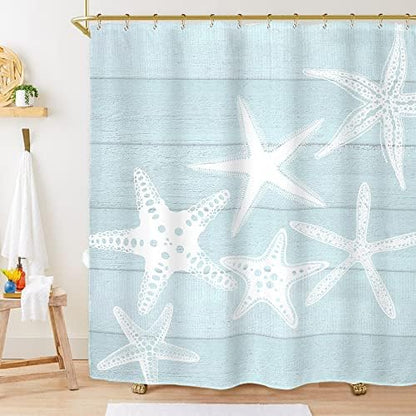 Miyotaa Beach Starfish Shower Curtain Set 60Wx71H Inches Seafoam Wooden Wood Rustic Country Ocean Sea Vintage Farmhouse Pastel Polyester Waterproof Cloth Bathroom Curtain with 12 Hooks