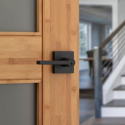 Kwikset Halifax Entry Door Handle with Lock and Key, Secure Keyed Reversible Lever Exterior, For Front Entrance and Bedrooms, Matte Black, Pick Resistant Smartkey Rekey Security and Microban