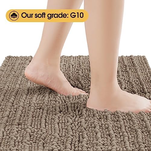 ACCUMTEK Upgrade Luxury Dark Beige Toilet Bathroom Rug Mat 24" x 20" Contour Rug, Ultra Soft Thick Absorbent Bath Mats, Non Slip Chenille Toilet Mat for Bathroom, Bedroom, Kitchen, Shower, Tub, Taupe