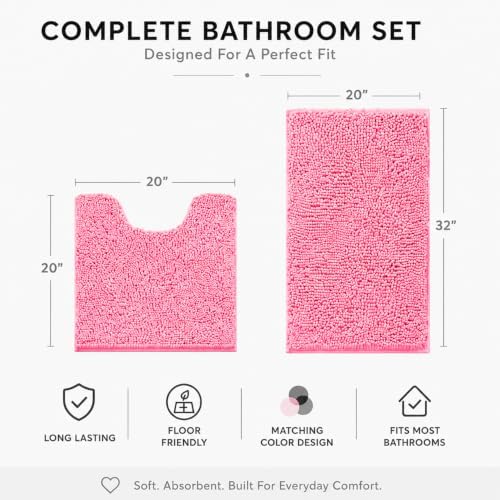 Bathroom Rugs Sets 2 Piece,Super Absorbent Soft,Thick,Machine Washable Chenille Bath Mat,Non Slip Toilet Floor Rug,Bath Mats for Bathroom,20x32 Plus 20x20 U Shape,Pink