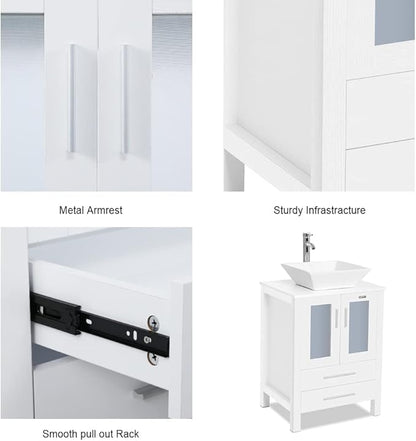 eclife 72" Modern Bathroom Vanity Sink Combo Freestanding Cabinet with Small Side Cabinet, White Square Ceramic Vessel Sink, Water Save Faucet, Drain (White+A07)