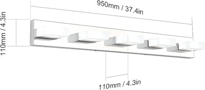 Aipsun Modern Chrome Bathroom Vanity Light LED Vanity Light Fixtures for Bathroom Stainless Steel 5 Light Bath Wall Lighting 6000K
