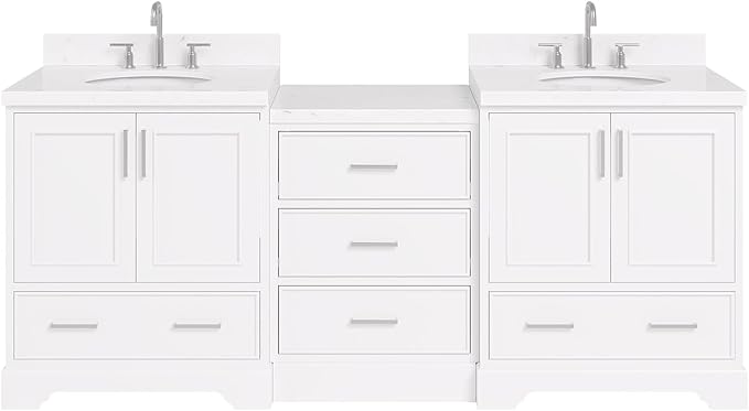 ARIEL Stafford 84-inch Bathroom Vanity with Sink,Solid Wood, 1.5in Carrara White Quartz Countertop & Backsplash, Double Oval Porcelain Sink, 4 Soft Closing Doors, 5 Dovetail Drawers, White