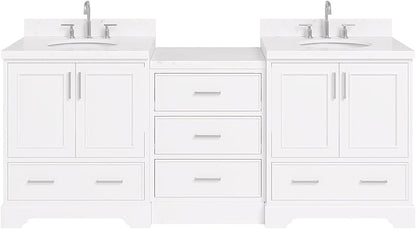 ARIEL Stafford 84-inch Bathroom Vanity with Sink,Solid Wood, 1.5in Carrara White Quartz Countertop & Backsplash, Double Oval Porcelain Sink, 4 Soft Closing Doors, 5 Dovetail Drawers, White