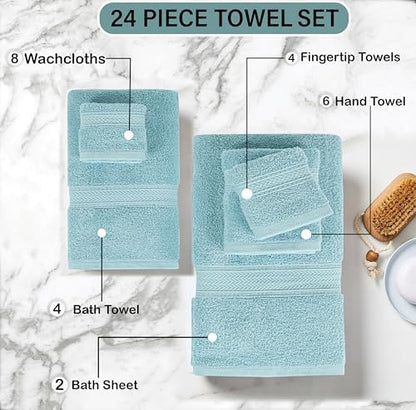 HILLFAIR 100% Cotton 24 Piece Bath Towels Set for Bathroom - Ocean Blue