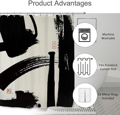 Abstract Black White Shower Curtain 60Wx72L Inch Brushstroke Modern Minimalist Contemporary Geometric Artwork Line Bathroom Set Accessories Decor with 12 Pack Hooks