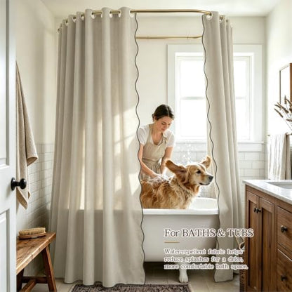 Furlinic Beige Scalloped Fabric Shower Curtain No Hook Linen Modern 72x78