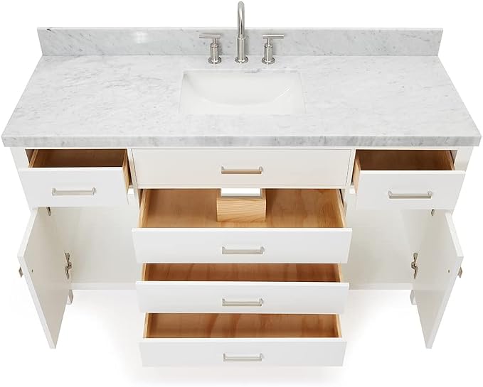 Alenza 60 Inch Bathroom Vanity Single Sink — White Bathroom Vanity with Sink, 1.5" Edge Italian Carrara Marble Countertop & Backsplash, 2 Soft-Close Doors, 5 Dovetail Drawers