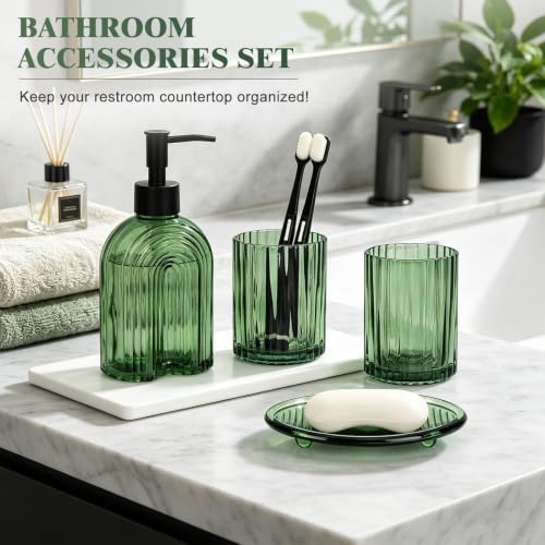 Bathroom Accessories Set, 4Pcs Glass Bathroom Accessories Set Complete, 11.6OZ Lotion Soap Dispenser, Toothbrush Holder, Mouthwash Cup, Soap Dish for Bathroom Decor, Countertop Organizer (Green)