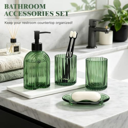 Bathroom Accessories Set, 4Pcs Glass Bathroom Accessories Set Complete, 11.6OZ Lotion Soap Dispenser, Toothbrush Holder, Mouthwash Cup, Soap Dish for Bathroom Decor, Countertop Organizer (Green)
