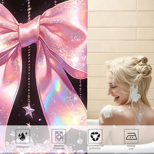 AZHM 4pcs Diamond Bow Bathroom Shower Curtain Set with Rugs and Accessories