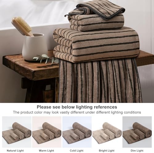 8 Pcs Brown Cabana Stripe Large Bath Towel Set-2 Bathroom Towels,2 Hand Towels,4 Washcloths Lightweight Soft Microfiber Bath Sheet Absorbent Shower Towel Quick Dry Beach Chair Spa Gym Hotel Towels