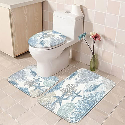 Nkzply 4 Pcs Beach Shower Curtain Set Blue Starfish Bathroom Sets with Shower Curtain and Rugs Ocean Seashell Coral Bathroom Decor Accessories Nautical Bathroom Rug Set Toilet Lid Cover 12 Hooks
