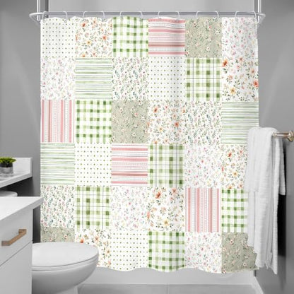 MESHELLY Extra Long Boho Floral Patchwork Shower Curtain 72Wx84H Vintage Checkered Sage Green Plaid Pink Striped Rustic Bathroom Curtain Farmhouse Bath Curtain Bathroom Accessories Decor with 12 Hooks