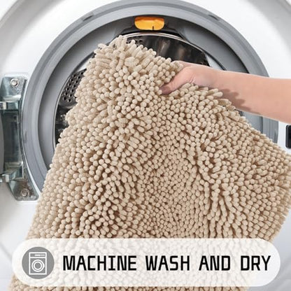 Yimobra Long Bathroom Rugs 44"x24", Extra Soft Non Slip Bath Mat for Tub, Super Absorbent Quick Dry Shaggy Rug Floor Carpet, Machine Washable,Beige