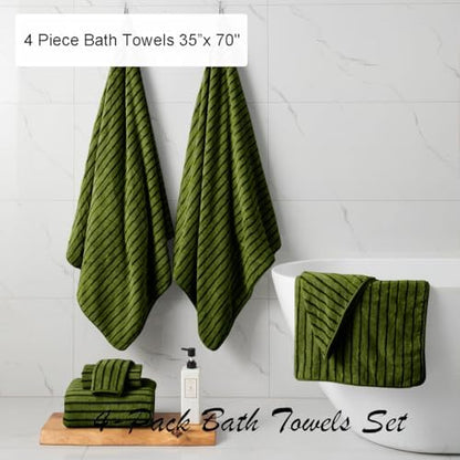 4 Piece Dark Green Cabana Stripe Large Bath Towels Oversized Bath Sheet Super Soft Breathable Jumbo Bathroom Towels Highly Absorbent Shower Towel Quick Dry Beach Chair Towel Spa Gym Hotel Towel Set