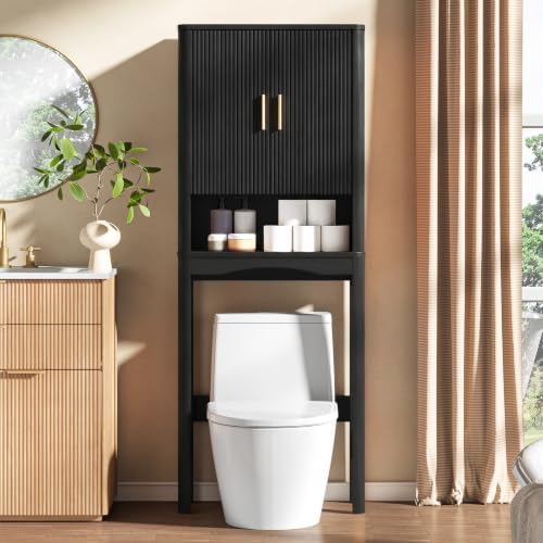 Vabches Farmhouse Over the Toilet Storage Cabinet with 2 Fluted Doors,Black