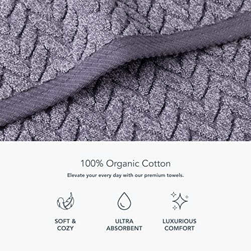 Texere 100% Organic Cotton Jacquard 650 GSM Premium Bath Towel Sets - Extra Absorbent Quick Dry and Plush, 2 Large Bath Towels, 2 Hand Towels, 2 Washcloths (Cable, Granite, 6 Piece)