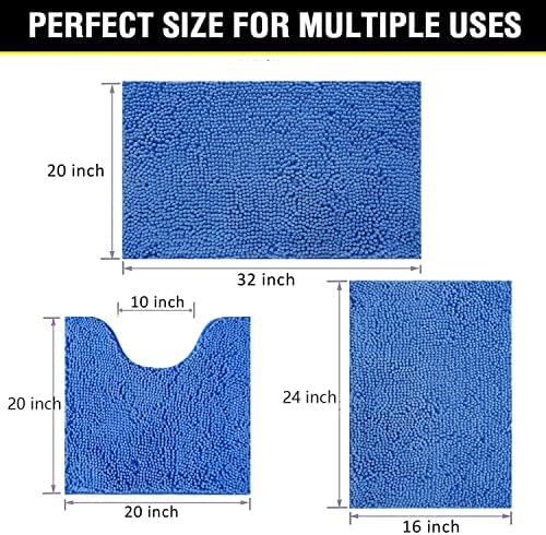 Bathroom Rugs Chenille 3-Piece Extra Soft and Absorbent Shag Bathroom Rugs, Machine Wash Mat, Strong PVC Non-Slip Underside, Plush Carpet Mats (Snow Cyan)