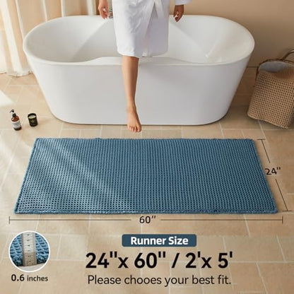 Triohero Waffle Runner Rug Bathroom, Long Boho Bath Mat, 24x60 Denim Blue