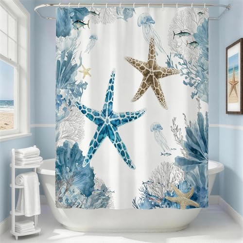 Grey Beach Shower Curtain for Bathroom, Ocean Coastal Theme, 72x72 In