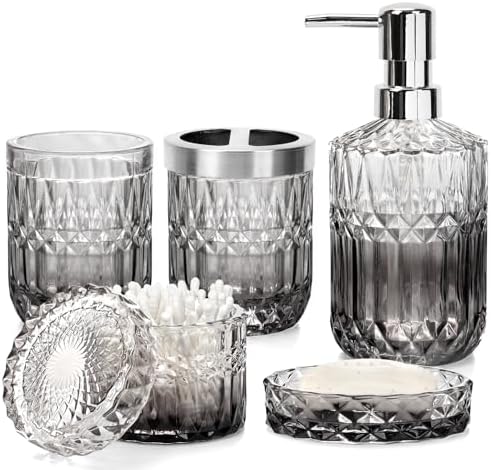 Bathroom Accessories Set, 5Pcs Bathroom Soap Dispenser Set, Glass Bathroom Accessories with Glass Soap Dispenser, Soap Dish, Toothbrush Holder, Tumbler, Cotton Swab Jar (Gradient Clear & Black)