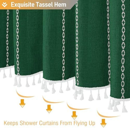 BTTN Emerald Green Boho Farmhouse Linen Heavy Duty Shower Curtain, 72x72