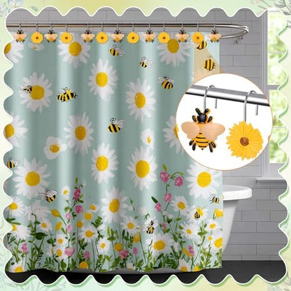 Thyle 12 Pcs Spring Daisy Flower Bee Shower Curtain Hooks, Spring Flower Resin Ornament Rings Cute Yellow Shower Curtain Hooks Decorative Rings for Home Holiday Wedding Bathroom Bedroom Accessories