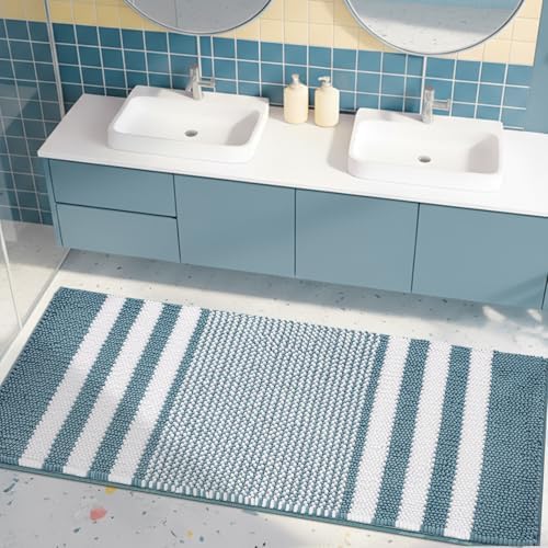 BSICPRO Large Bathroom Rugs Runner, 20x47 Chenille Bath Mats, Denim Blue