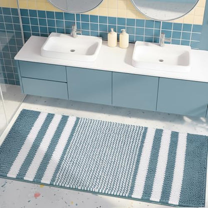BSICPRO Large Bathroom Rugs Runner, 20x47 Chenille Bath Mats, Denim Blue