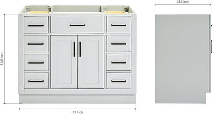 ARIEL Hepburn 42-inch Bathroom Vanity Base Cabinet,Solid Wood, 2 Soft Closing Doors, 9 Dovetail Drawers, Grey