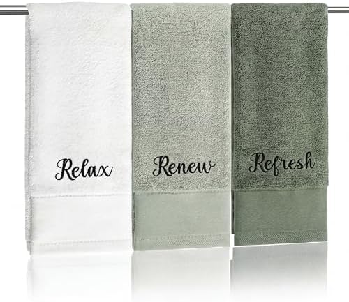 Tiamon 3 Pcs Bathroom Towel Decorative Set 100% Cotton Fluffy Bath Hand Towels for Guest Gifts Farmhouse Kitchen Hand Towels Home(White, Light Green, Dark Green,30 x 13 Inch,Relax Renew Refresh)