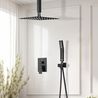 Shower System Shower Faucet Set, STARBATH 12" Ceiling Mount Rain Shower Head and Handheld Spray for Two Person, Rainfall Shower System with Diverter Valve and Trim Kit Complete，Matte Black