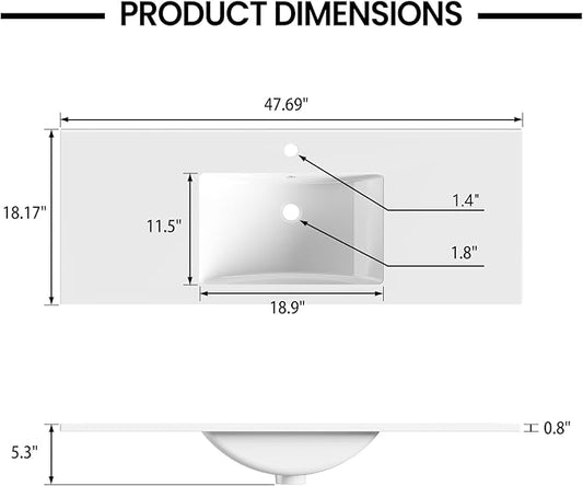 48 in. W x 18.2 in. D Single Sink Bathroom Vanity Top with Integrated Resin Basin, Stain-Resistant & Scratch-Resistant Bathroom Countertop, Without Matte Black Faucet & Pop up-Drain, White
