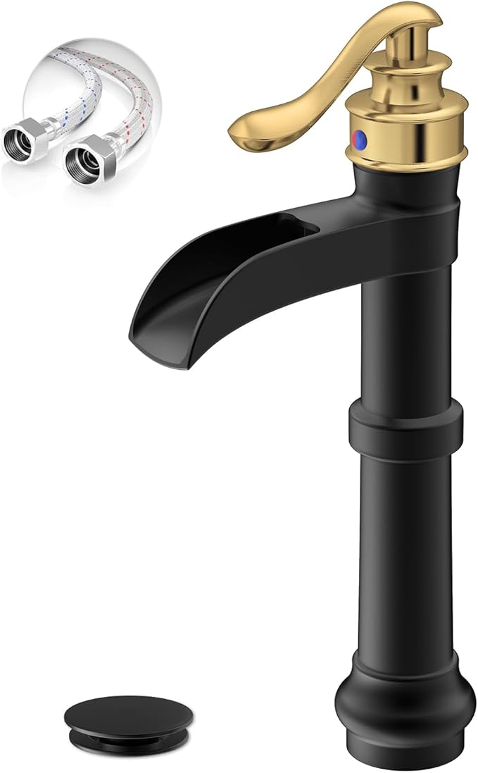 Black and Gold Vessel Sink Faucet Brass Tall Waterfall Bathroom Faucet | Bathroom Sink Faucets Single Handle with Pop Up Drain Without Overflow and Supply Hoses Mixer Tap Deck Mount by BATHLAVISH