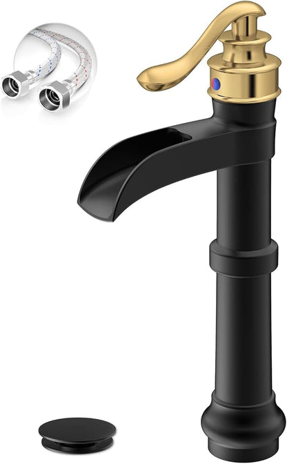 Black and Gold Vessel Sink Faucet Brass Tall Waterfall Bathroom Faucet | Bathroom Sink Faucets Single Handle with Pop Up Drain Without Overflow and Supply Hoses Mixer Tap Deck Mount by BATHLAVISH