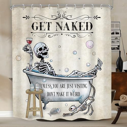Halloween Funny Skull Skeleton Shower Curtain 60Wx72H Gothic Spooky Unique Cool Bone in Bathtub Bubbles Horror Cat Fish Retro Scary Bathroom Decor Bath Curtain Fabric Polyester 12 Pack Hooks