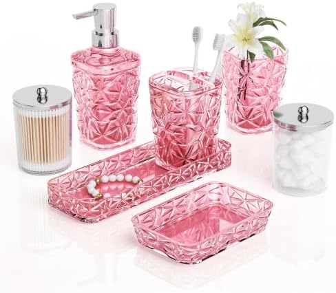 Pink Bathroom Accessories 7 Pcs, Pink Bathroom Set, Acrylic Soap Dispenser and Toothbrush Holder Set, Qtip Holder Set, Bathroom Sink Set, Gift for Home Apartment