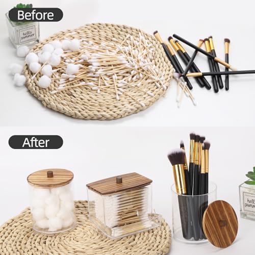 Tbestmax Qtips Dispenser Bathroom Container, 10/12 oz Big Cotton Ball Holder, Apothecary Jar Organizer for Storage Cotton Swab, Round Pads, Floss Picks (Brown Wood Lids)