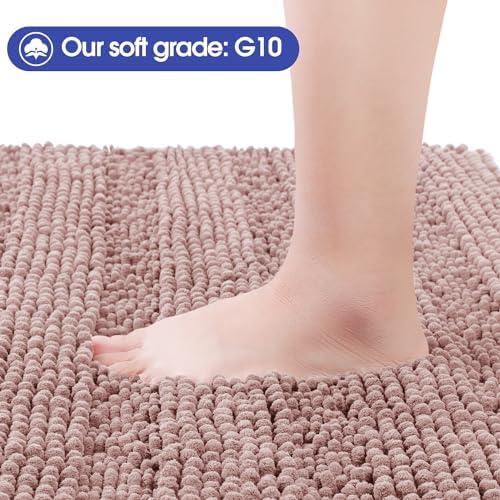 ACCUMTEK Striped Dusty Pink Bathroom Rug Mat Set 2 piece 32"x20"+24"x17" Ultra Soft, Non Slip Chenille Bath Rugs, Absorbent Plush Shaggy Bath Mats for Bathroom, Bedroom, Kitchen, Shower, Tub