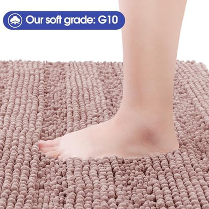 ACCUMTEK Striped Dusty Pink Bathroom Rug Mat Set 2 piece 32"x20"+24"x17" Ultra Soft, Non Slip Chenille Bath Rugs, Absorbent Plush Shaggy Bath Mats for Bathroom, Bedroom, Kitchen, Shower, Tub