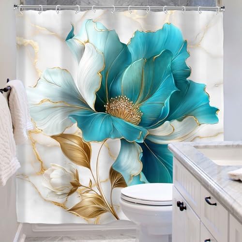 Teal Gold Marble Floral Turquoise Abstract Art Bathroom Shower Curtain Set