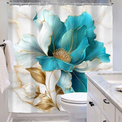 Teal Gold Marble Floral Turquoise Abstract Art Bathroom Shower Curtain Set