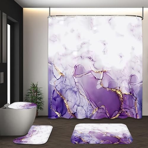 Yddsky 4Pcs Purple Marble Shower Curtain Sets or Bathroom,72x72 Inch
