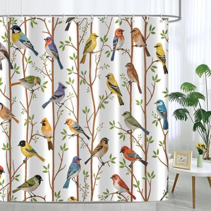 Moonslim Colorful Birds Shower Curtains, Woodland Green Leaves Trees Wildlife Vintage Spring Themed Shower Curtain Set, Fabric Bath Curtain for Bathroom Decor Waterproof Cloth with Hooks 72X72 Inch