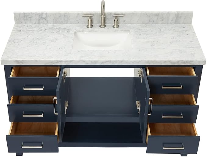 DKB Olivia 54-Inch Midnight Blue Bathroom Vanity with Sink, 1.5-Inch Italian Carrara Marble Countertop & Backsplash, Rectangular Sink, 2 Soft-Closing Doors, 6 Dovetail Drawers, Brushed Nickel