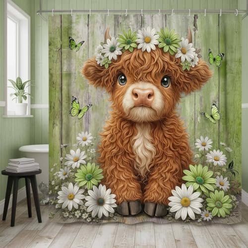 Cute Cow Shower Curtain, Farmhouse Rustic Floral Daisy Highland Cow Shower Curtains for Bathroom, Calf Country Farm Animal Garden Plant Fabric Bathroom Decor with Hooks, 70x72 inch