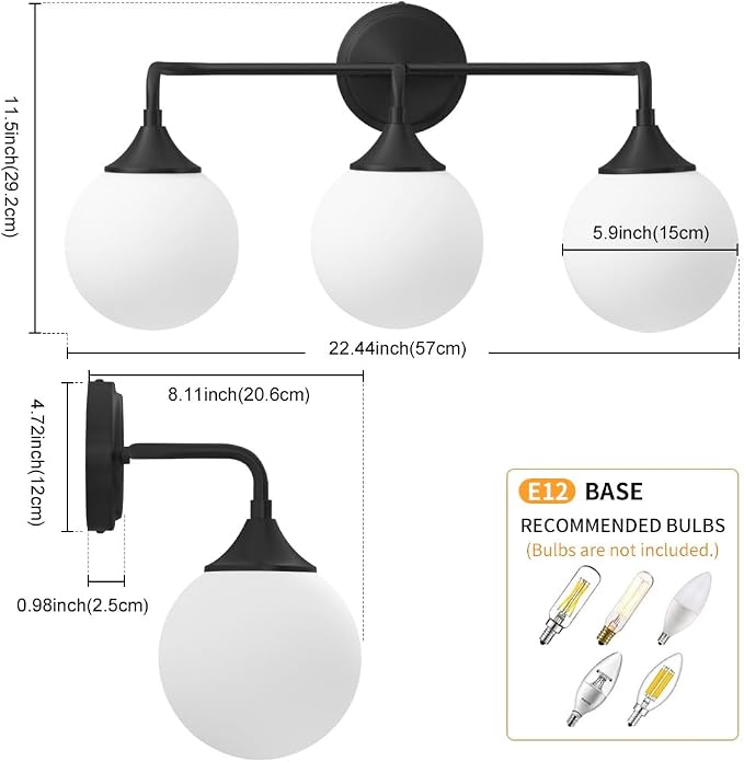 Black Bathroom Light Fixtures Over Mirror Vanity 3-Light | Mid Century Modern Matte Black Wall Sconce with Milky White Glass Ball Shades for for Bathroom Dressing Table Bedroom